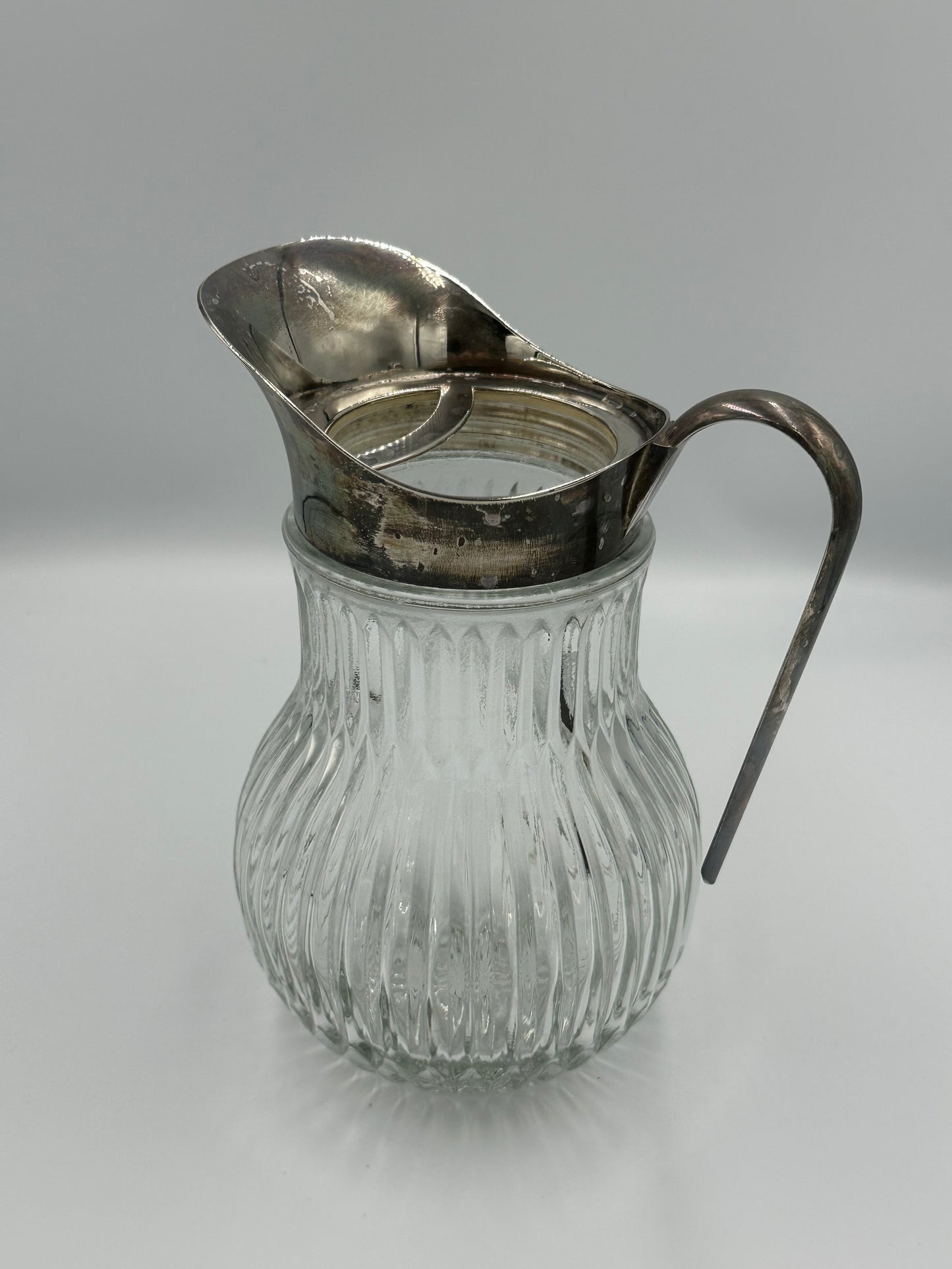 Vintage Ribbed Glass Pitcher with Silver-Plated Spout & Handle