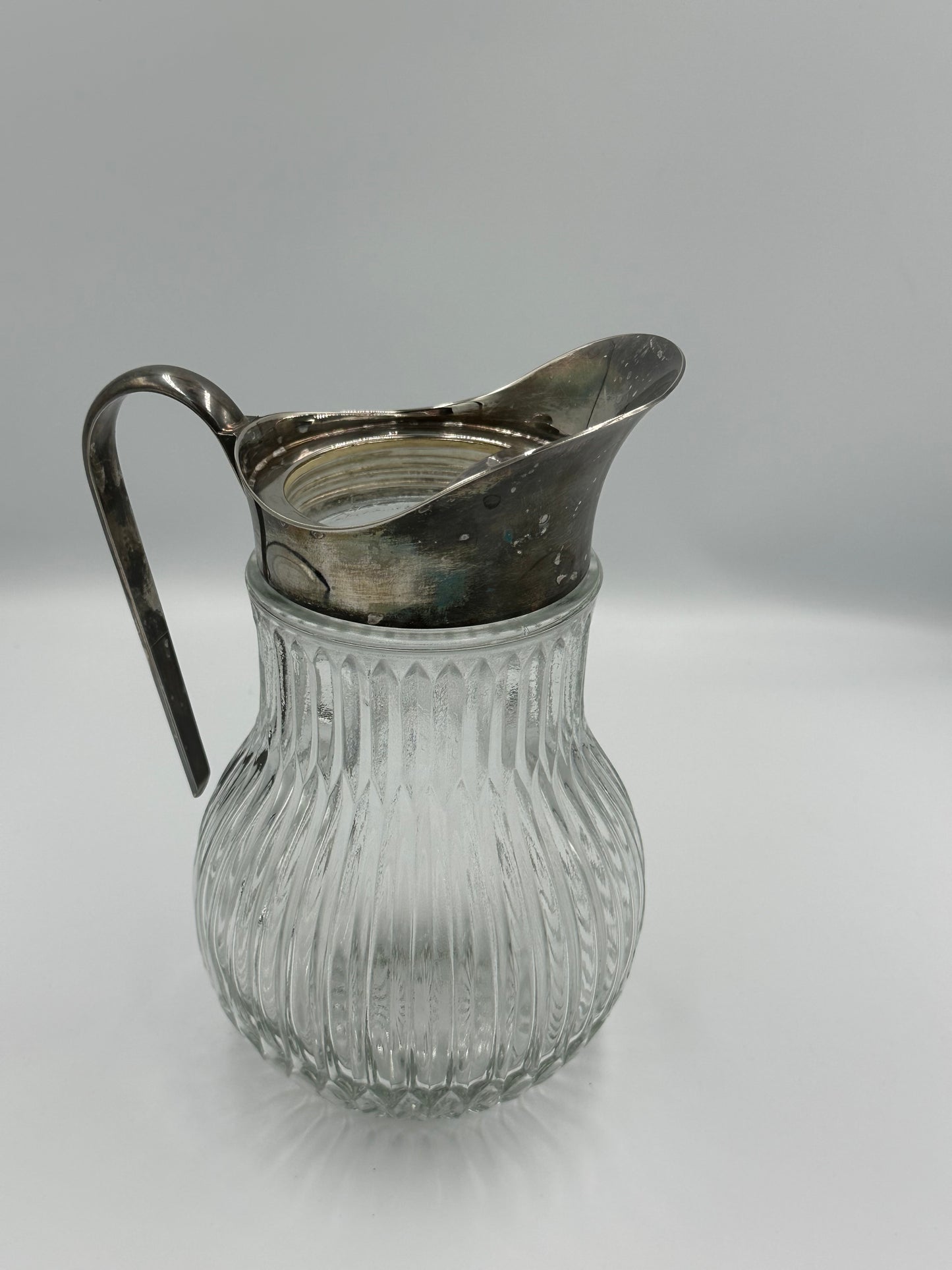 Vintage Ribbed Glass Pitcher with Silver-Plated Spout & Handle