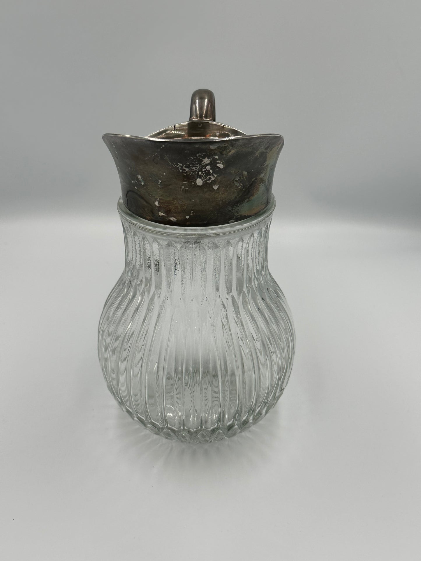 Vintage Ribbed Glass Pitcher with Silver-Plated Spout & Handle