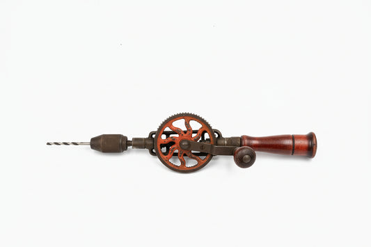 Antique Hand Drill w/ Wood Handle And Bit Storage
