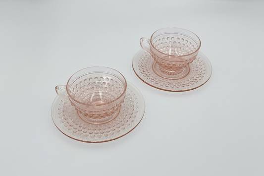 Vintage Depression Glass Tea Cups & Saucers – Set of 6 (Pink Hobnail Pattern)