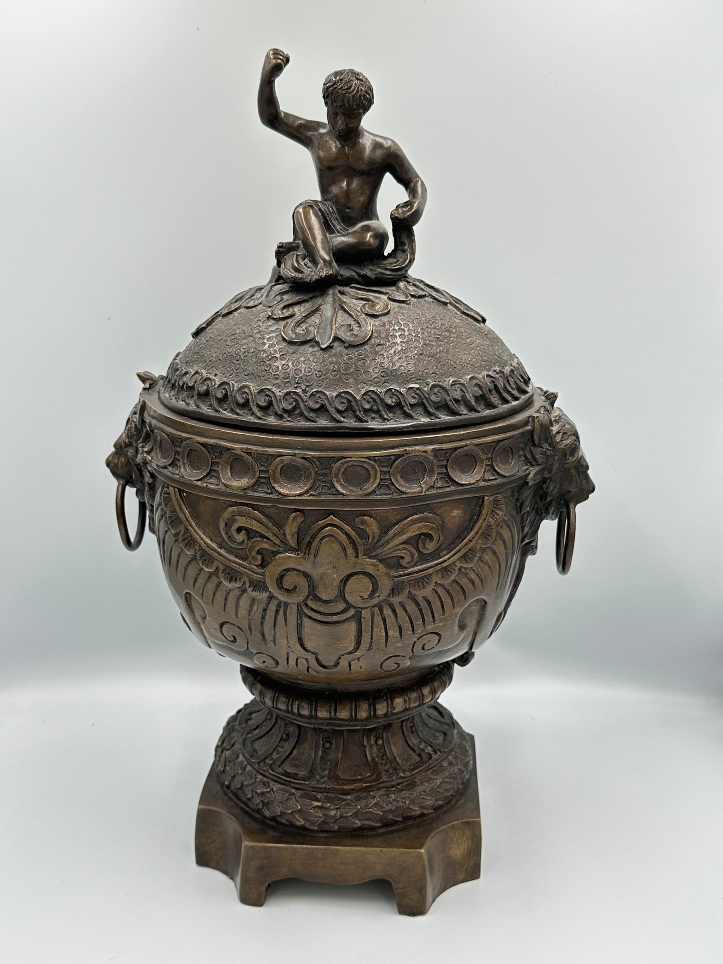 Vintage Maitland-Smith Style Solid Bronze Neoclassical Lidded Urn with Figural Finial & Lion Head Handles