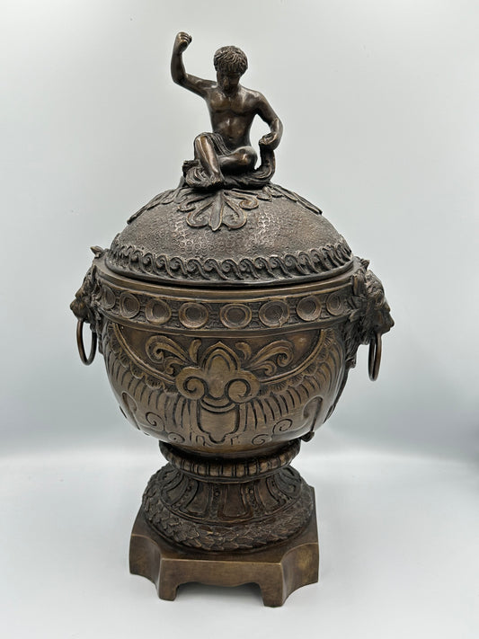Vintage Maitland-Smith Style Solid Bronze Neoclassical Lidded Urn with Figural Finial & Lion Head Handles