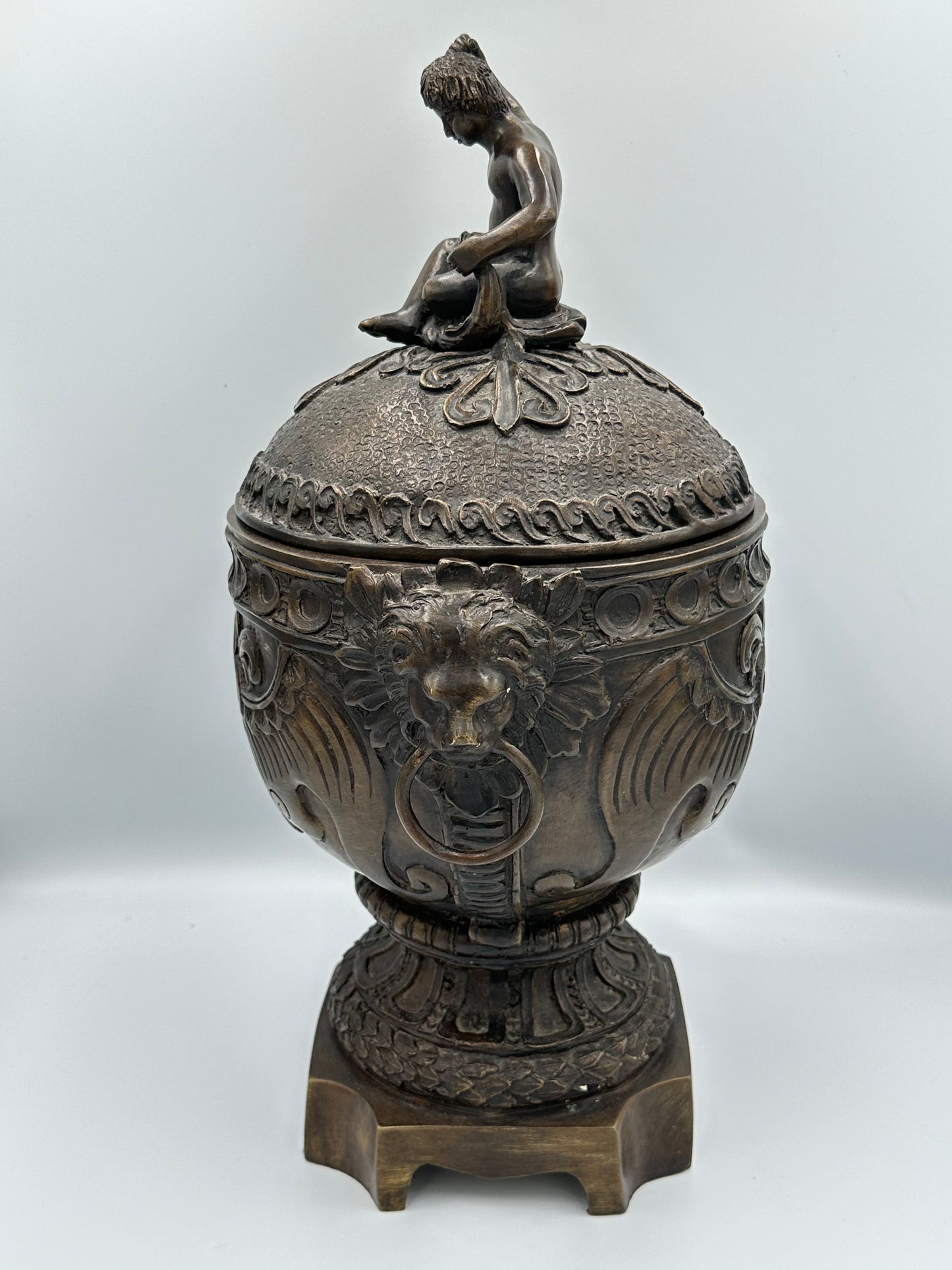 Vintage Maitland-Smith Style Solid Bronze Neoclassical Lidded Urn with Figural Finial & Lion Head Handles