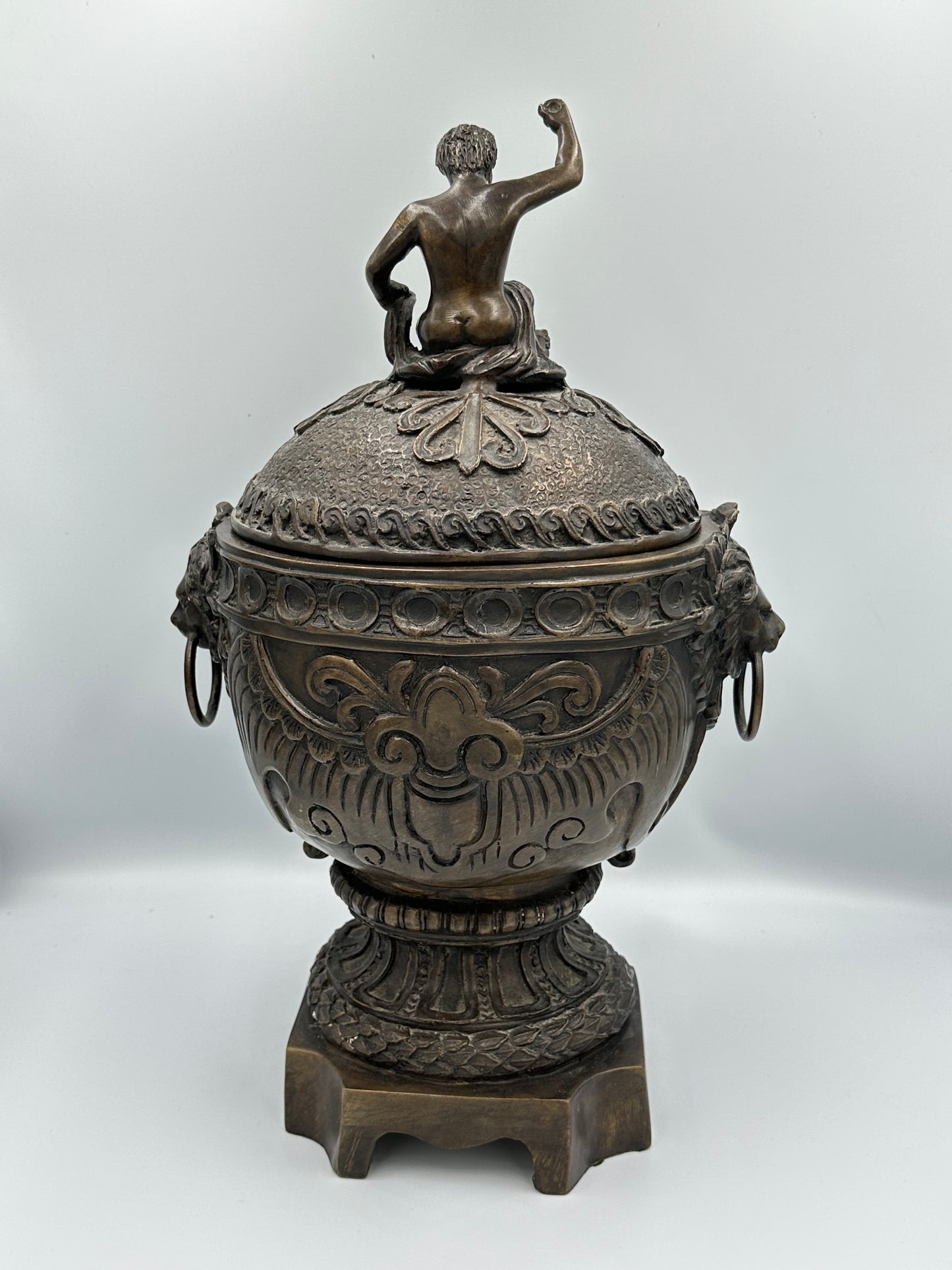 Vintage Maitland-Smith Style Solid Bronze Neoclassical Lidded Urn with Figural Finial & Lion Head Handles