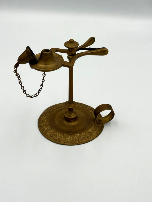 Antique Brass Finger Oil Lamp with Snuffer – Victorian Chamberstick Style